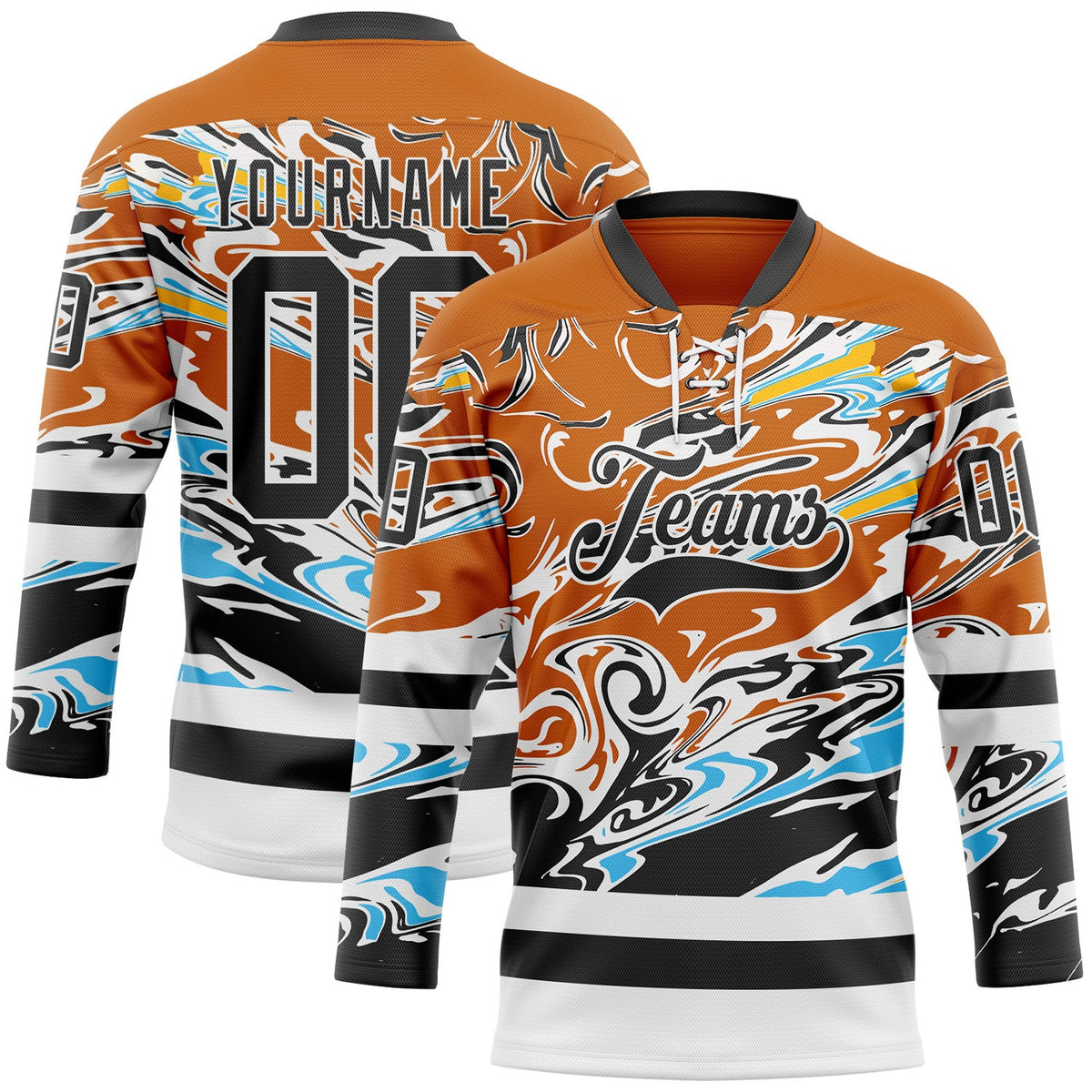 Custom Texas Orange Black Blue Yellow-White Abstract Splatter Paint Hockey Lace Neck Jersey