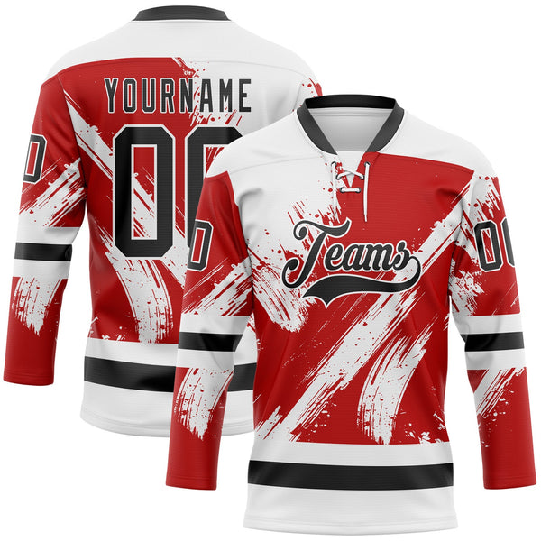 Custom White Black-Red Abstract Splatter Paint Hockey Lace Neck Jersey