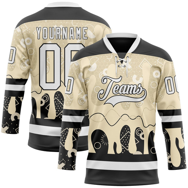 Custom City Cream White-Black Abstract Splatter Paint Hockey Lace Neck Jersey