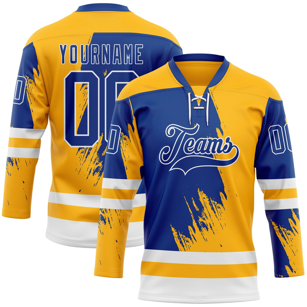 Custom Gold Royal-White Abstract Splatter Paint Hockey Lace Neck Jersey