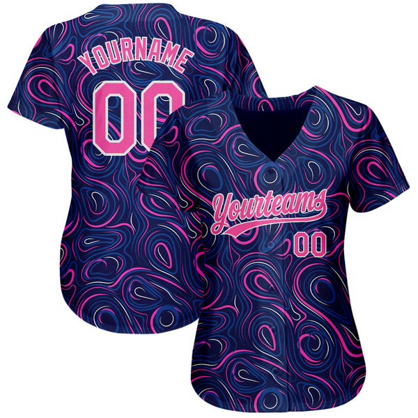 Custom Navy Pink-White 3D Pattern Design Authentic Baseball Jersey alternate