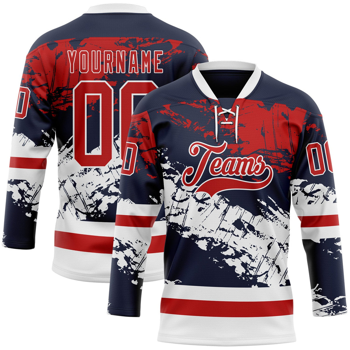 Custom Navy Red-White Abstract Splatter Paint Hockey Lace Neck Jersey