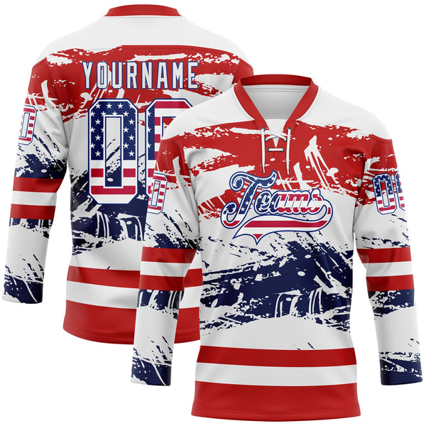 Custom White USA Flag Red-Royal Abstract Splatter Paint Hockey Lace Neck Jersey