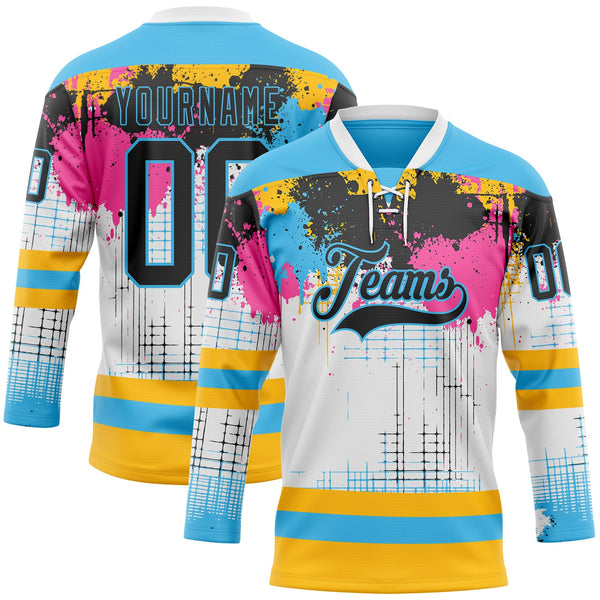 Custom White Black Sky Blue Pink-Gold Abstract Splatter Paint Hockey Lace Neck Jersey