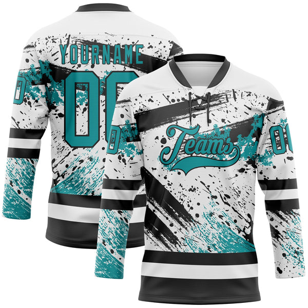 Custom White Teal-Black Abstract Splatter Paint Hockey Lace Neck Jersey