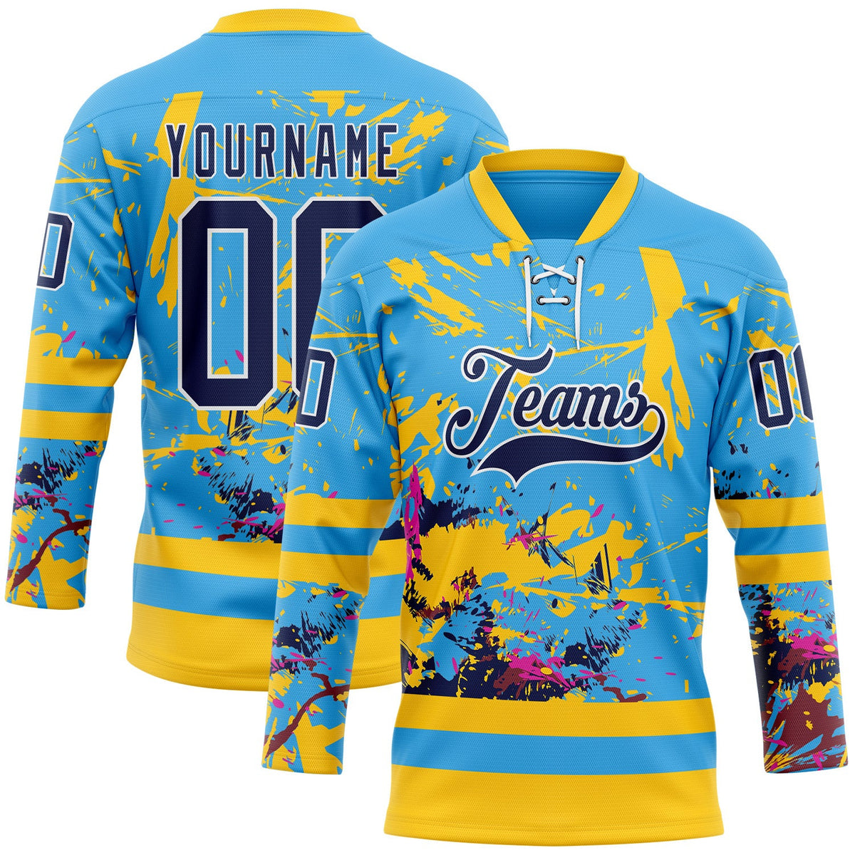 Custom Sky Blue Navy Yellow Red-White Abstract Splatter Paint Hockey Lace Neck Jersey