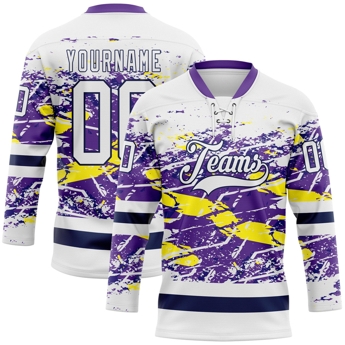Custom White Purple Yellow-Navy Abstract Splatter Paint Grunge Hockey Lace Neck Jersey