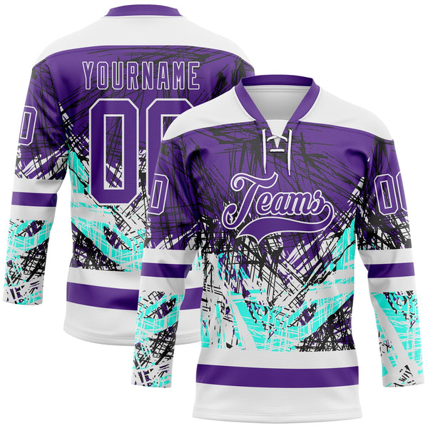 Custom Purple Green-White Abstract Splatter Paint Grunge Hockey Lace Neck Jersey