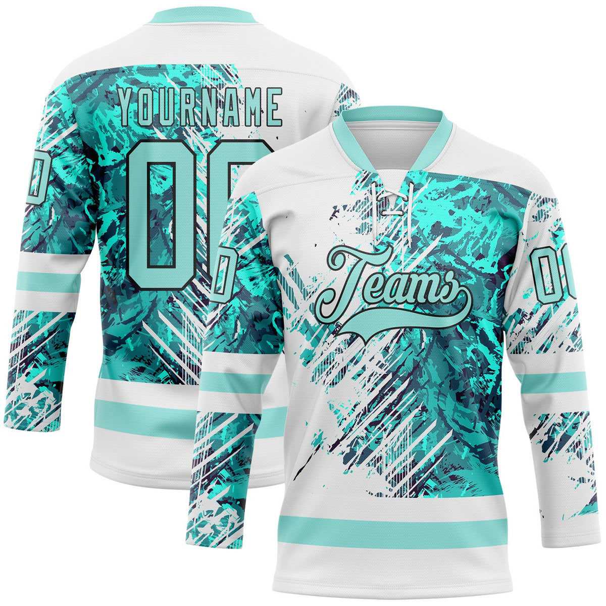 Custom White Ice Blue-Black Abstract Splatter Paint Hockey Lace Neck Jersey