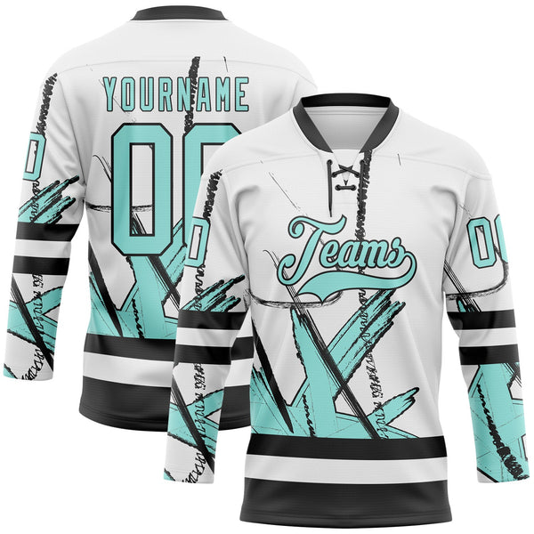 Custom White Ice Blue-Black Abstract Splatter Paint Hockey Lace Neck Jersey