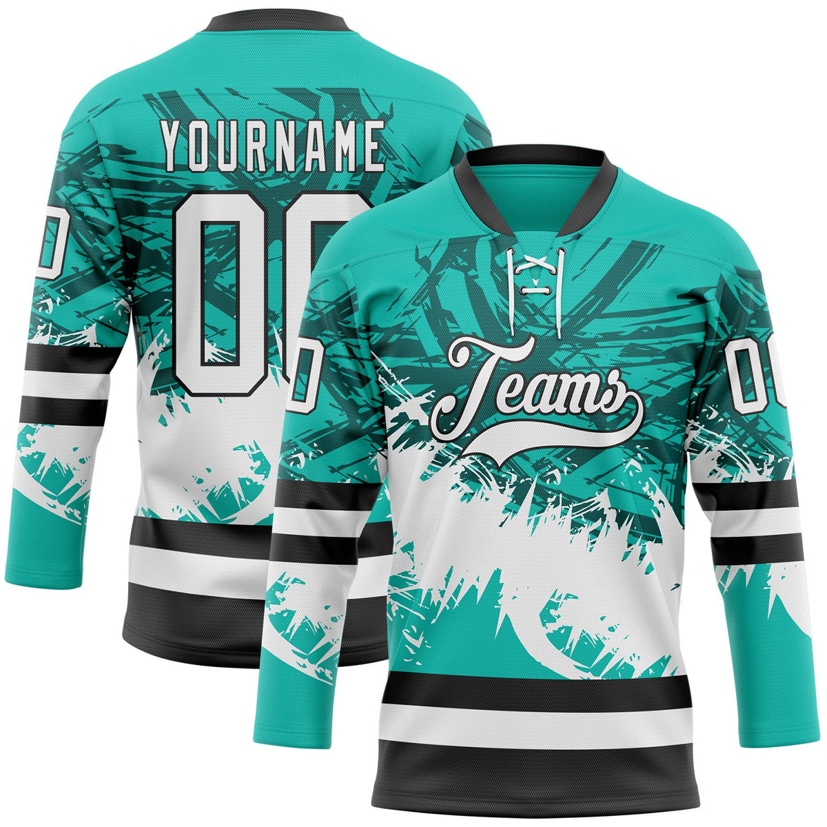 Custom Aqua White-Black Abstract Splatter Paint Hockey Lace Neck Jersey