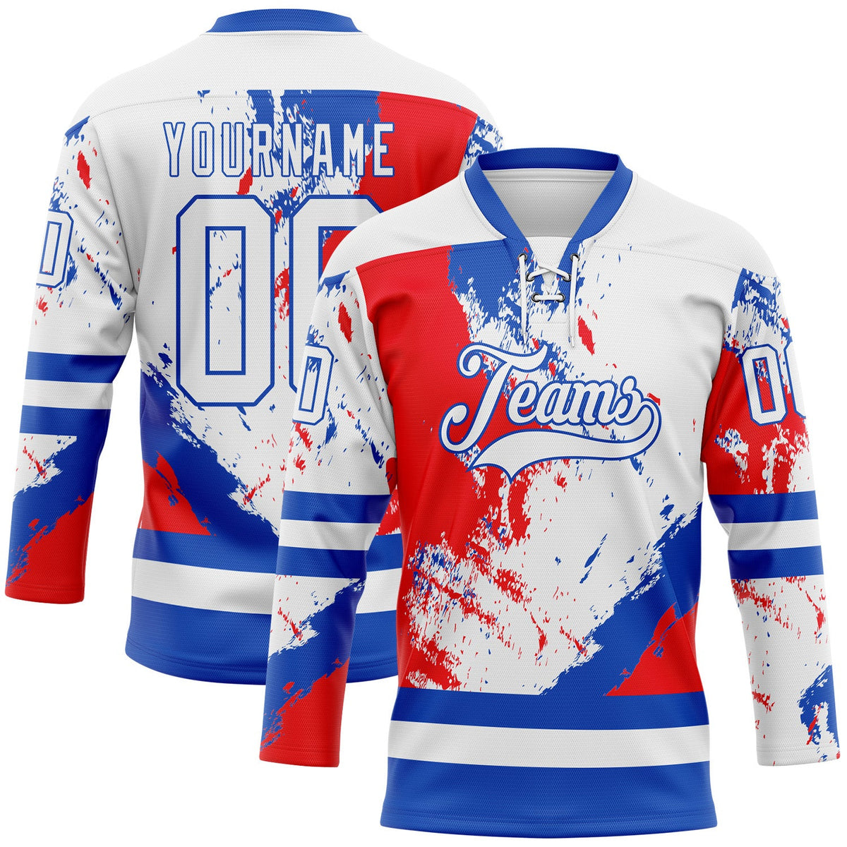 Custom White Thunder Blue-Red Abstract Splatter Paint Hockey Lace Neck Jersey