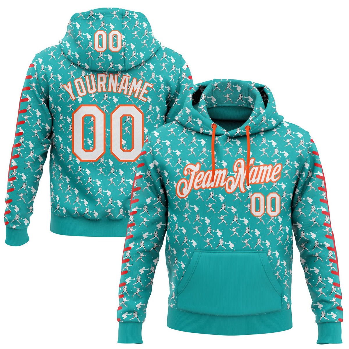 Custom Stitched Aqua White Red-Orange Baseball Game Day Miami Inspired Sports Pullover Sweatshirt Hoodie