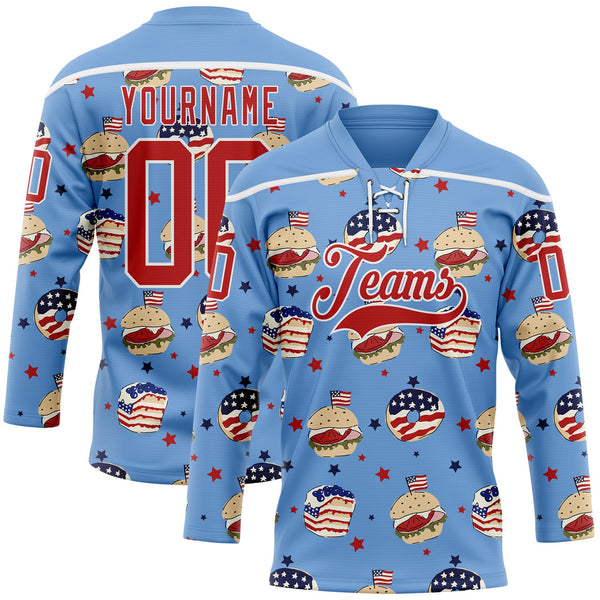 Custom Light Blue Red-White American Flag Hockey Lace Neck Jersey