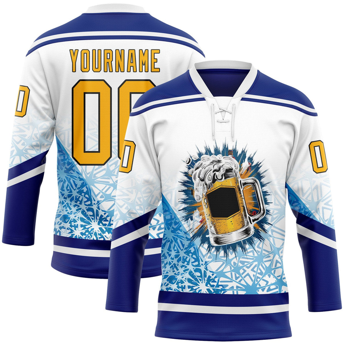 Custom Royal Gold Black-White Foodie Funny Beer Hockey Lace Neck Jersey