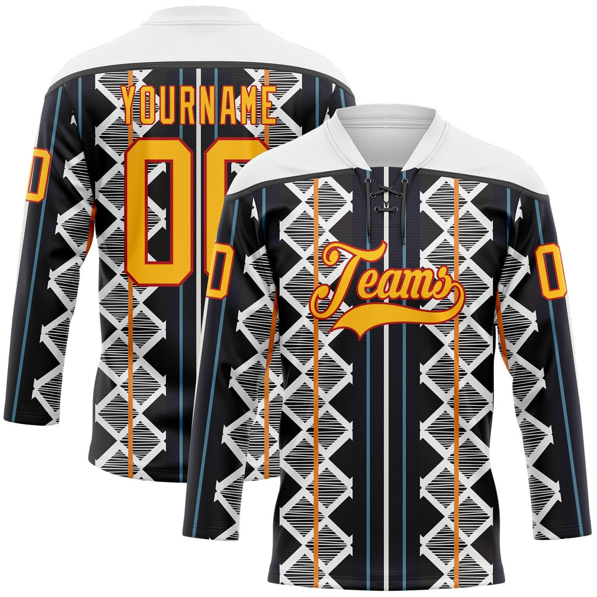 Custom Black Gold Blue Red-White Stripe Geometric Hockey Lace Neck Jersey