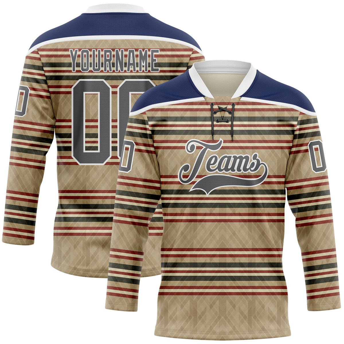 Custom Old Gold Steel Gray Red Cream-White Stripe Hockey Lace Neck Jersey