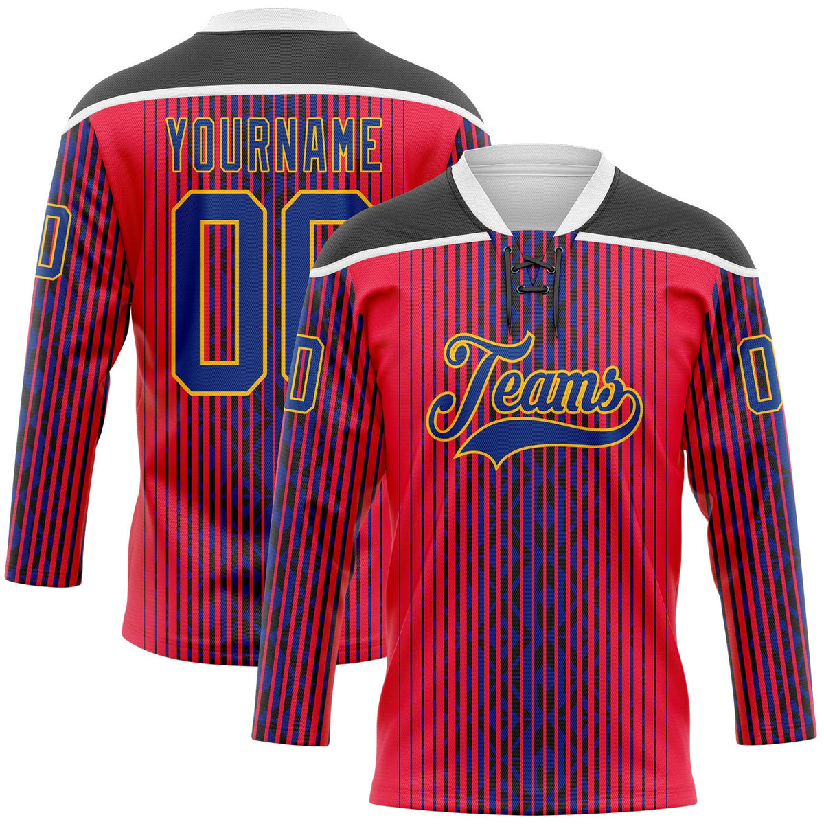 Custom Red Royal Black Gold-White Stripe Hockey Lace Neck Jersey