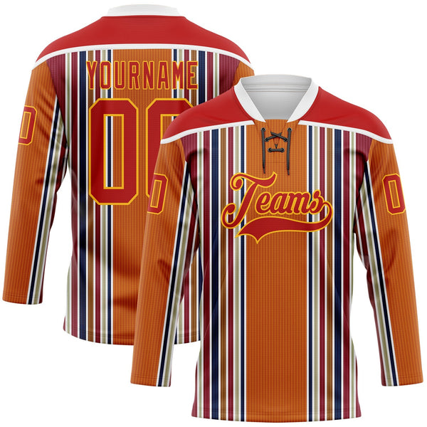 Custom Orange Red Blue Gold-White Stripe Hockey Lace Neck Jersey
