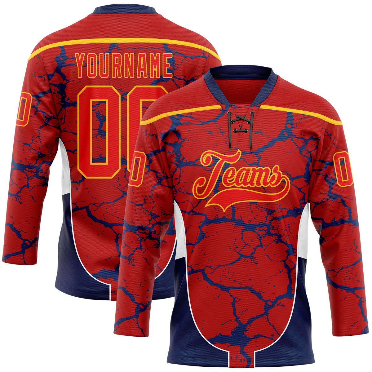 Custom Red Fire Red Gold Navy-White Abstract Pattern Graphic Cyber Mecha E-sport Hockey Lace Neck Jersey