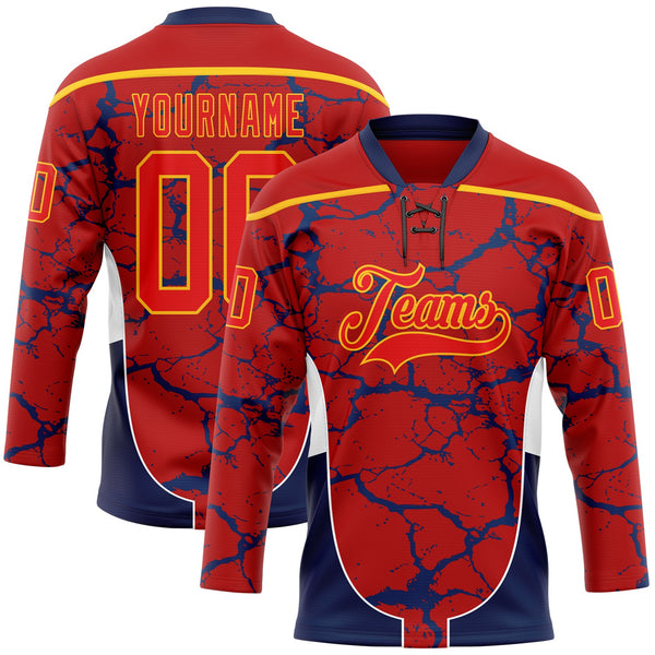 Custom Red Fire Red Gold Navy-White Abstract Pattern Graphic Cyber Mecha E-sport Hockey Lace Neck Jersey