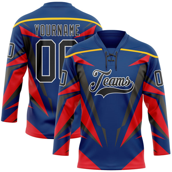 Custom US Navy Blue Black Red-White Abstract Pattern Graphic Cyber Mecha E-sport Hockey Lace Neck Jersey