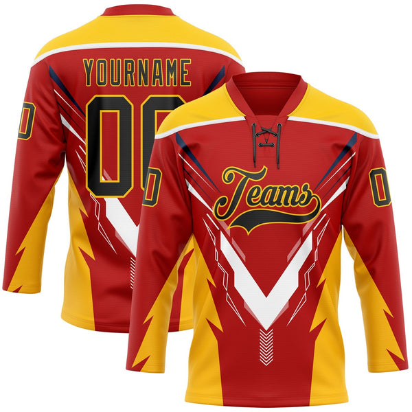 Custom Red Black Yellow-White Abstract Pattern Graphic Cyber Mecha E-sport Hockey Lace Neck Jersey