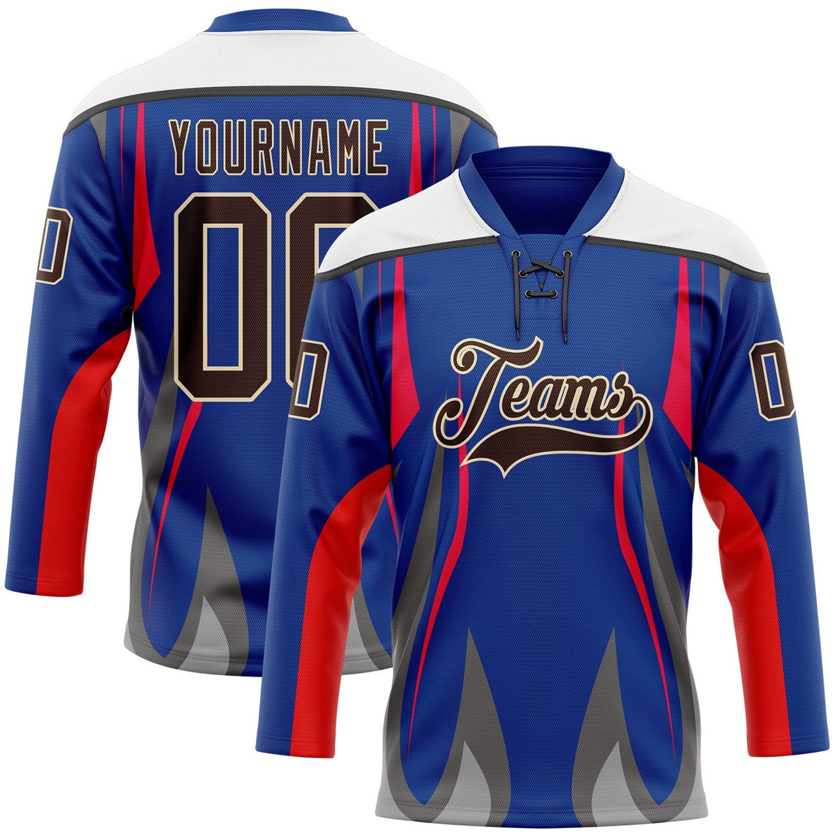 Custom Royal Brown Red Gray Black Cream-White Abstract Pattern Graphic Cyber Mecha E-sport Hockey Lace Neck Jersey