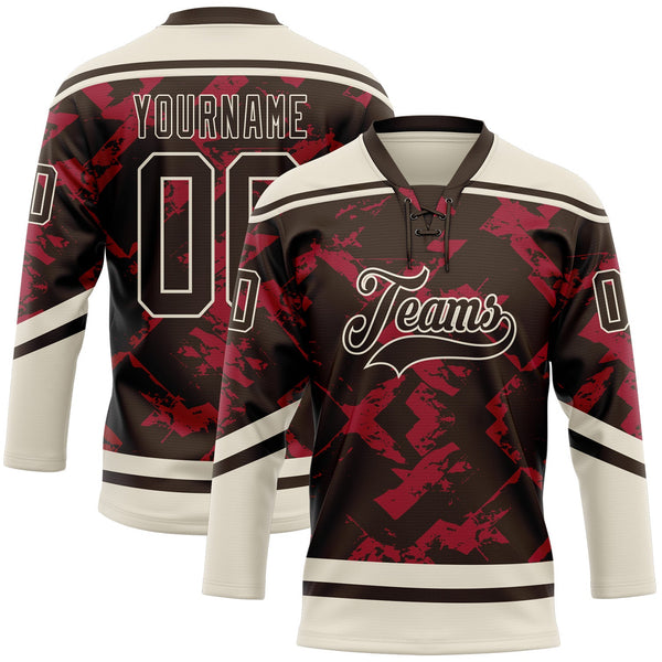 Custom Brown Red-Cream Tribal Indigenous Grunge Splash Hockey Lace Neck Jersey