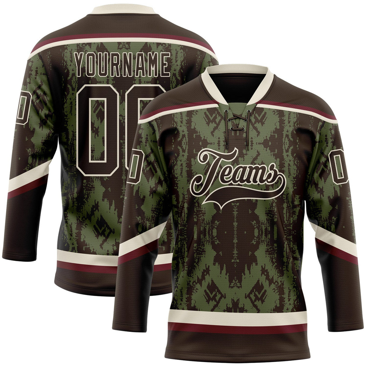Custom Olive Brown Cream-Burgundy Tribal Indigenous Grunge Splash Hockey Lace Neck Jersey