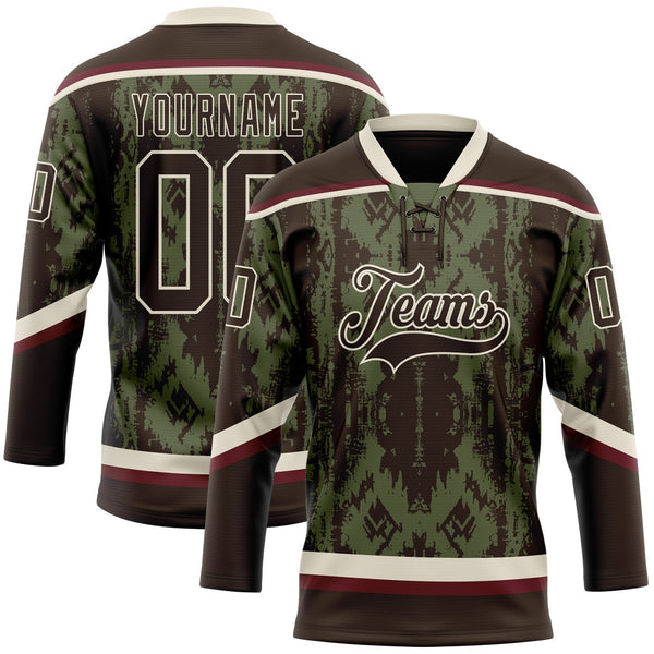 Custom Olive Brown Cream-Burgundy Tribal Indigenous Grunge Splash Hockey Lace Neck Jersey