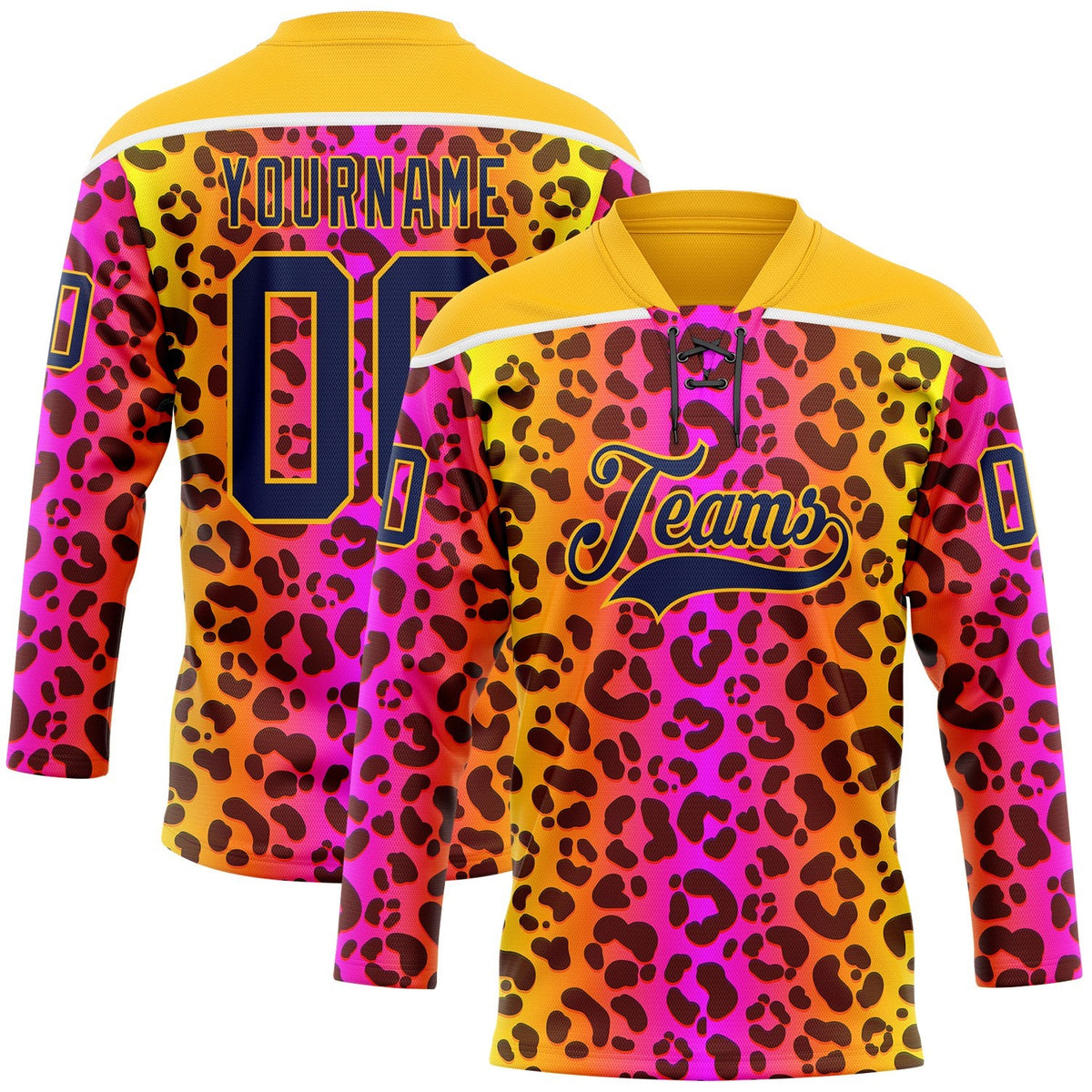 Custom Gold Navy-Pink Leopard Print Neon Hockey Lace Neck Jersey
