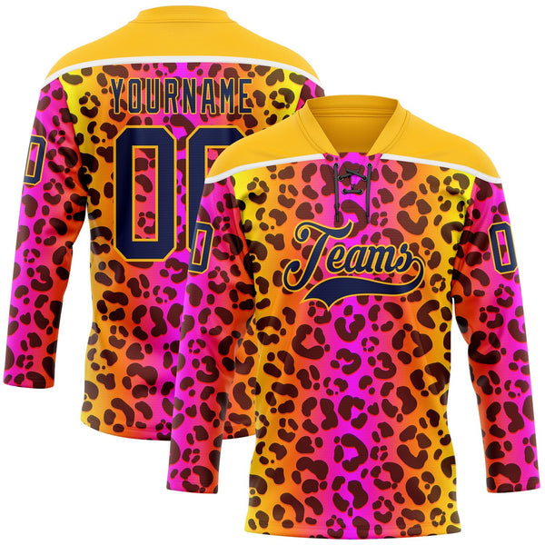 Custom Gold Navy-Pink Leopard Print Neon Hockey Lace Neck Jersey