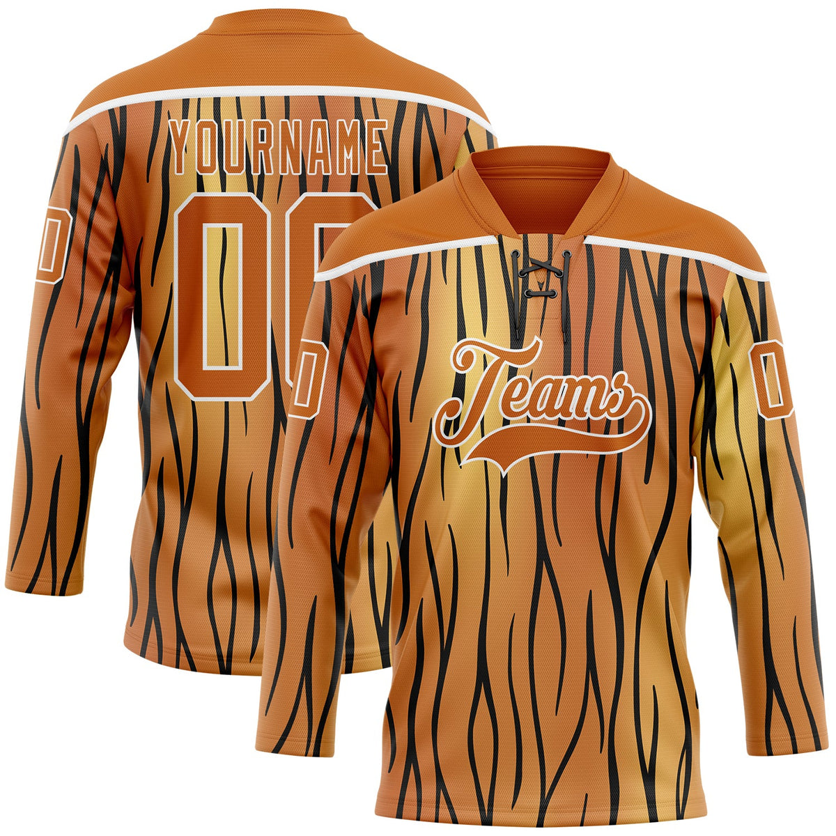 Custom Texas Orange Black-White Tiger Print Hockey Lace Neck Jersey