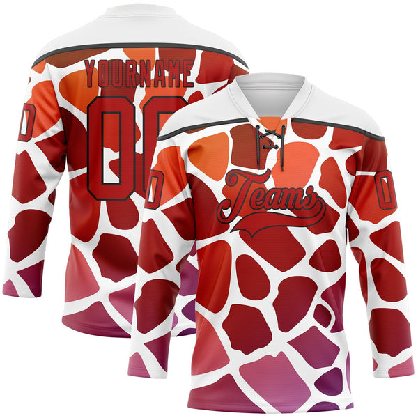 Custom White Red-Black Gradient Giraffe Print Neon Hockey Lace Neck Jersey