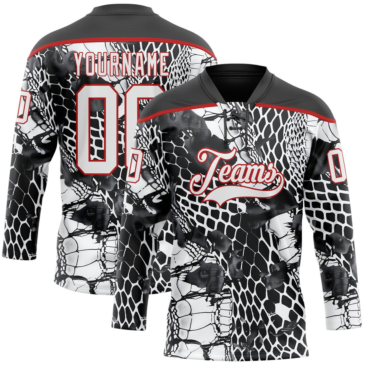 Custom Black White-Red Snake Skin Print Hockey Lace Neck Jersey