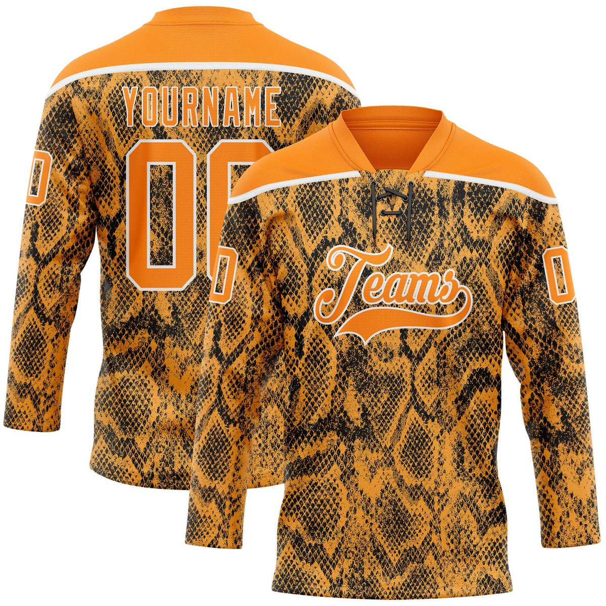 Custom Bay Orange Black-White Snake Skin Print Hockey Lace Neck Jersey