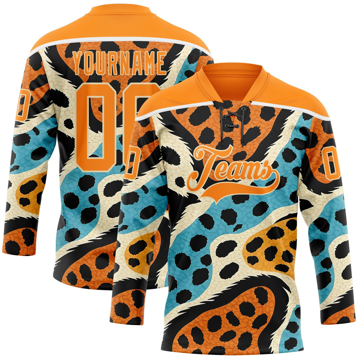 Custom Bay Orange Blue Black-Cream Animal Print Hockey Lace Neck Jersey
