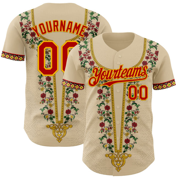 Custom City Cream Red Gold-Green Black History Month Africa Tribal Authentic Baseball Jersey