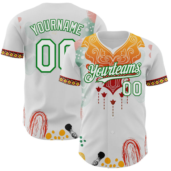 Custom White Yellow Red-Grass Green Black History Month Africa Tribal Authentic Baseball Jersey