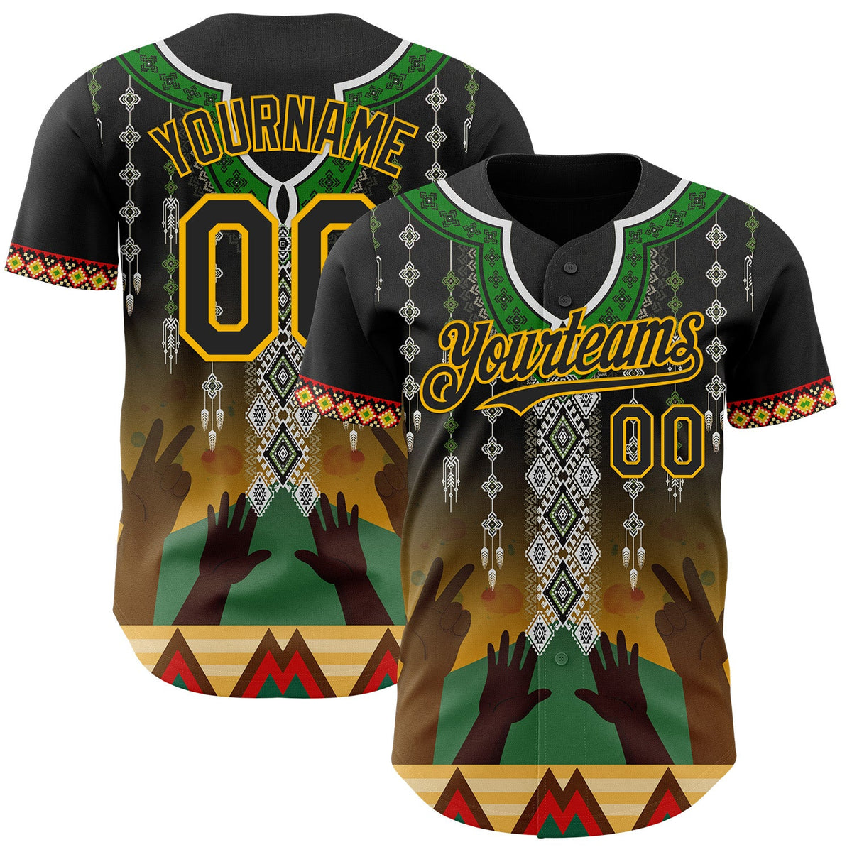 Custom Black Green Gold-Red Black History Month Africa Tribal Authentic Baseball Jersey