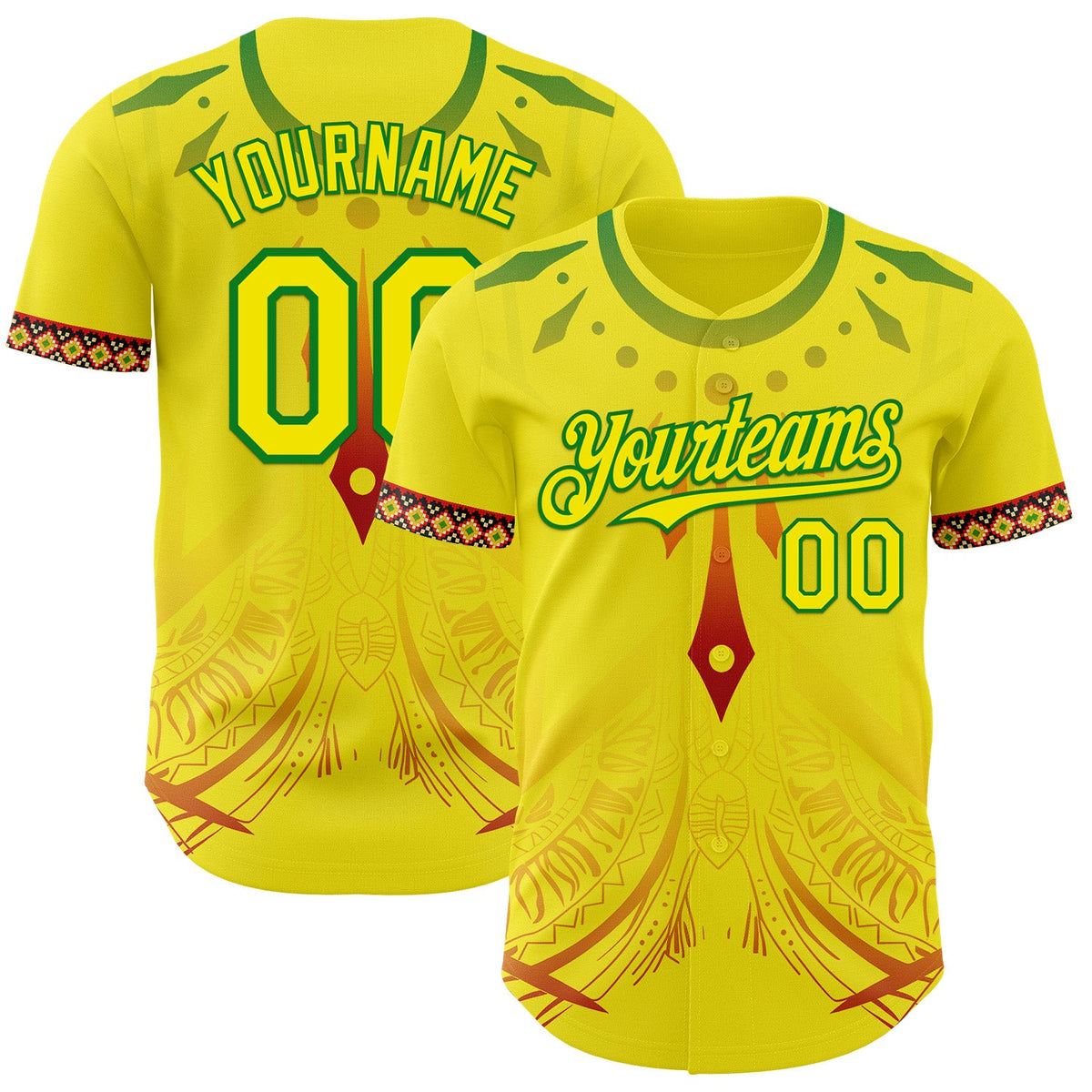 Custom Light Yellow Grass Green Red-Black Black History Month Africa Tribal Authentic Baseball Jersey