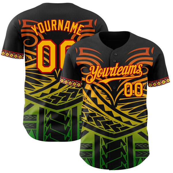 Custom Black Gold Red-Green Black History Month Africa Tribal Authentic Baseball Jersey