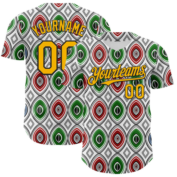 Custom White Gold Red Green-Black 3D Pattern Design Black History Month African Ethnicity Style Authentic Baseball Jersey