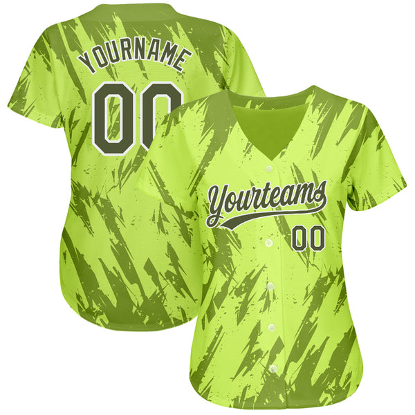 Custom Neon Green Olive-White 3D Pattern Design Authentic Baseball Jersey alternate
