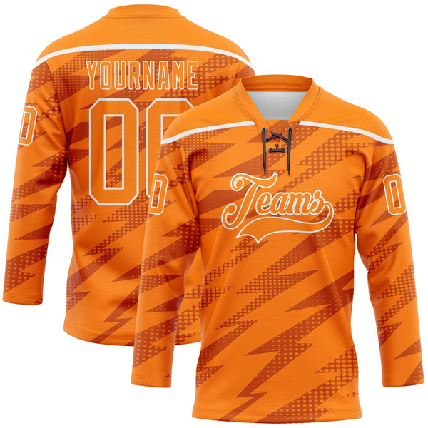 Custom Bay Orange White Lightning Hockey Lace Neck Jersey