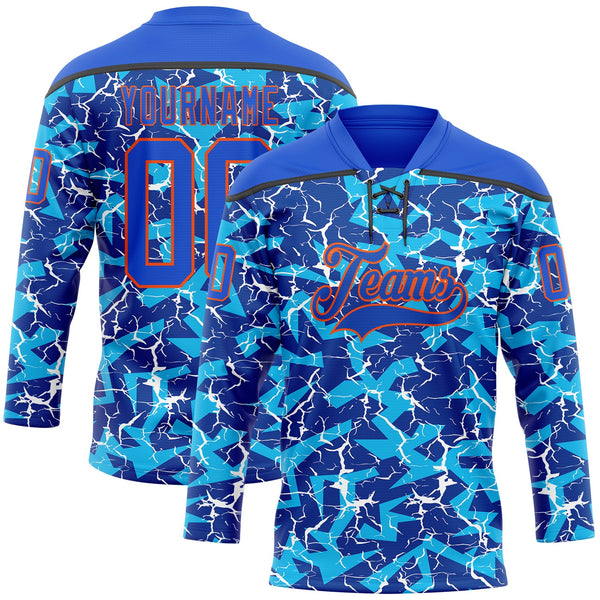 Custom Thunder Blue Orange-Black Lightning Hockey Lace Neck Jersey
