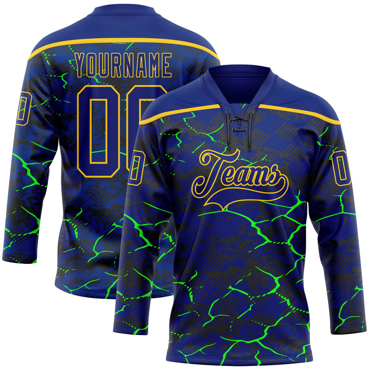 Custom Royal Green Black-Yellow Lightning Hockey Lace Neck Jersey