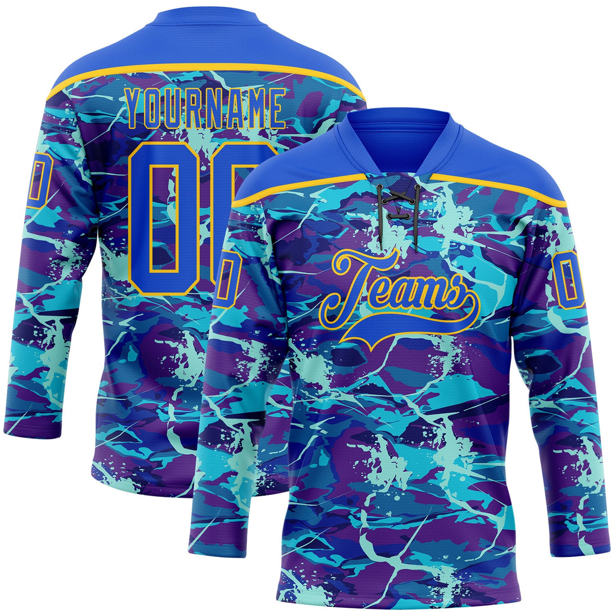 Custom Blue Thunder Blue-Yellow Lightning Hockey Lace Neck Jersey