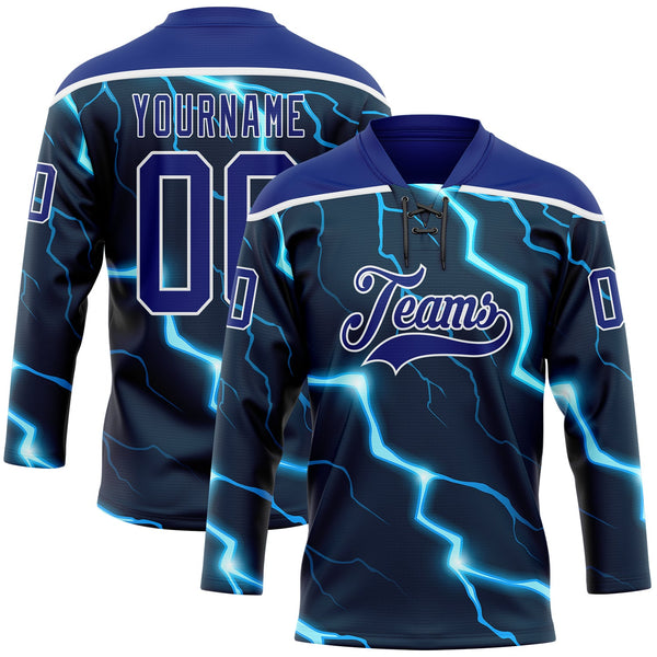 Custom Navy Royal Blue-White Lightning Hockey Lace Neck Jersey